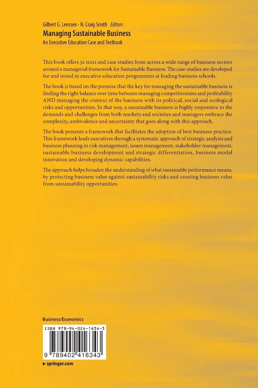 Rückseite: 9789402416343 | Managing Sustainable Business | Gilbert G. Lenssen (u. a.) | Buch