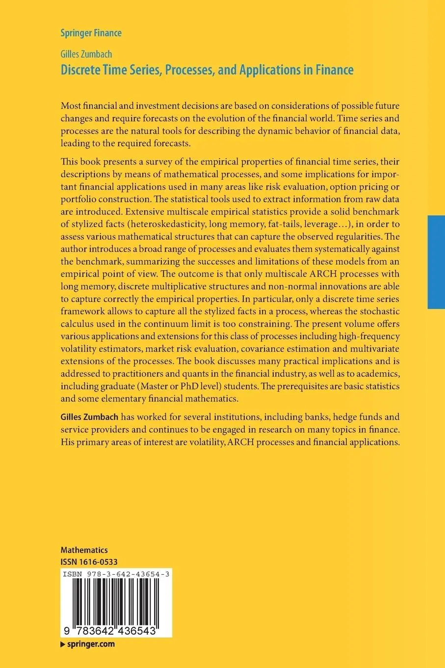 Rückseite: 9783642436543 | Discrete Time Series, Processes, and Applications in Finance | Zumbach