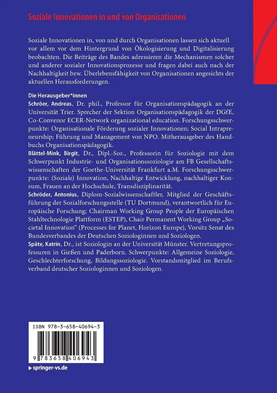Rückseite: 9783658406943 | Soziale Innovationen in und von Organisationen | Schröer (u. a.)