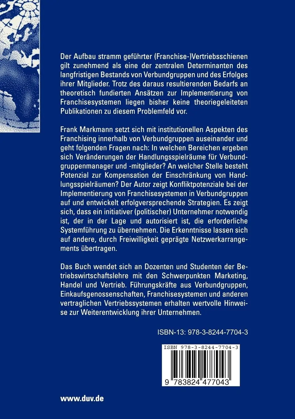 Rückseite: 9783824477043 | Franchising in Verbundgruppen | Frank Markmann | Taschenbuch | xxiv