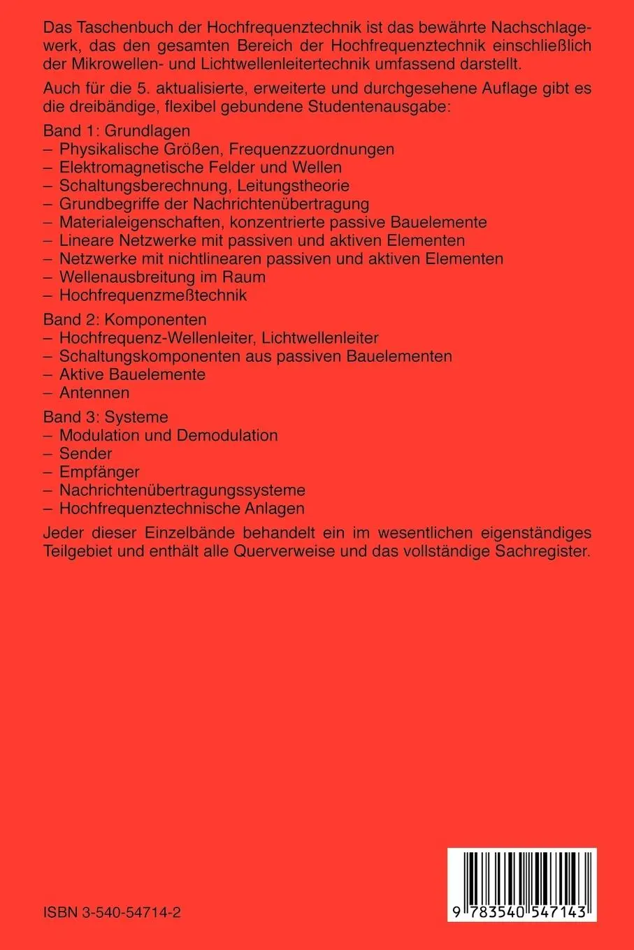 Rückseite: 9783540547143 | Taschenbuch der Hochfrequenztechnik | Band 1: Grundlagen | Taschenbuch