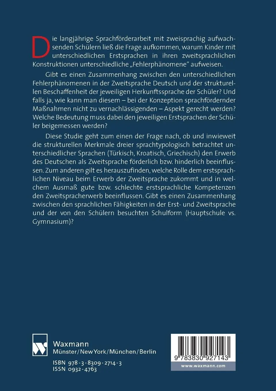 Rückseite: 9783830927143 | Der Einfluss der Erstsprache auf den Erwerb der Zweitsprache | Tunç