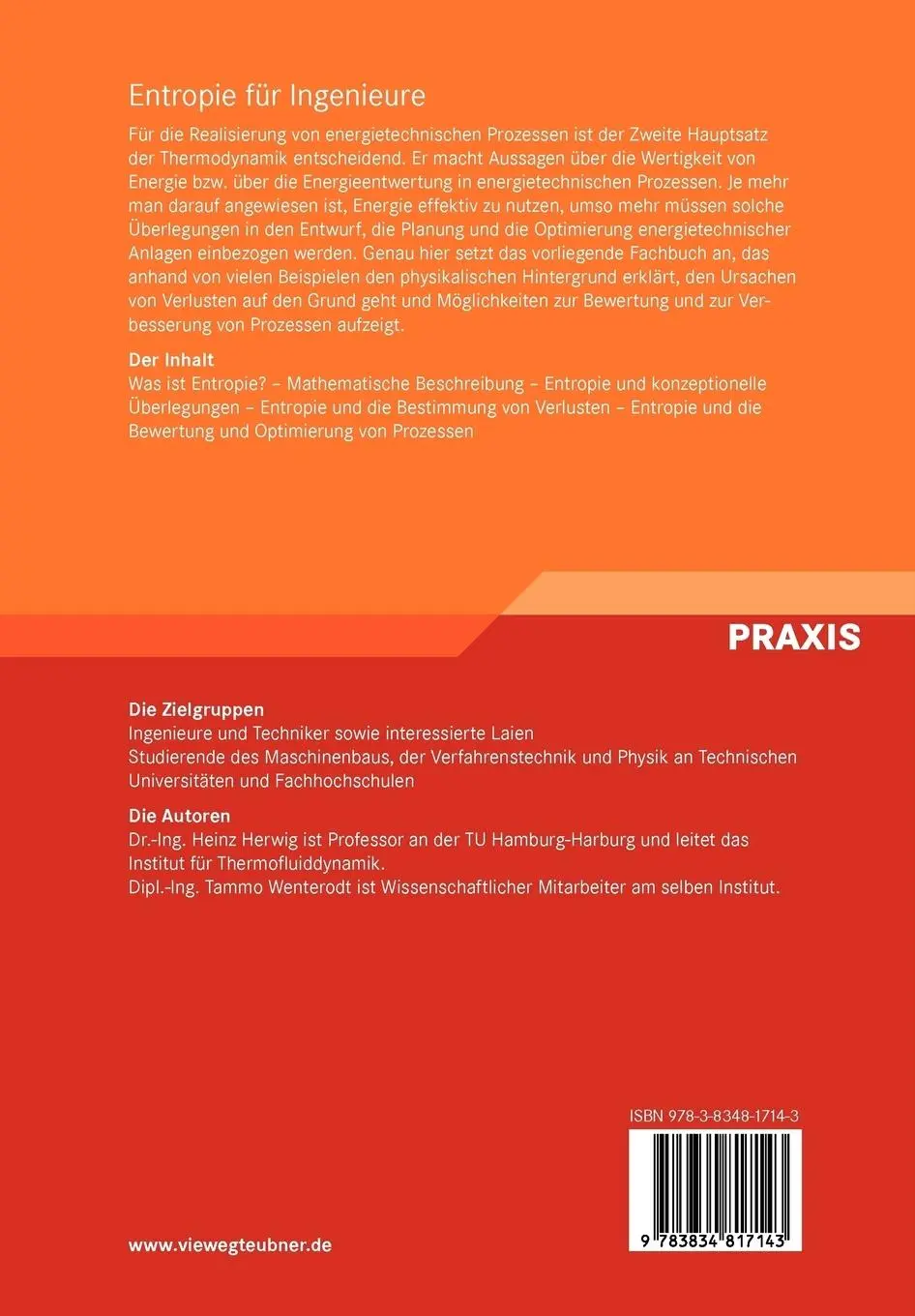Rückseite: 9783834817143 | Entropie für Ingenieure | Tammo Wenterodt (u. a.) | Taschenbuch | xiv