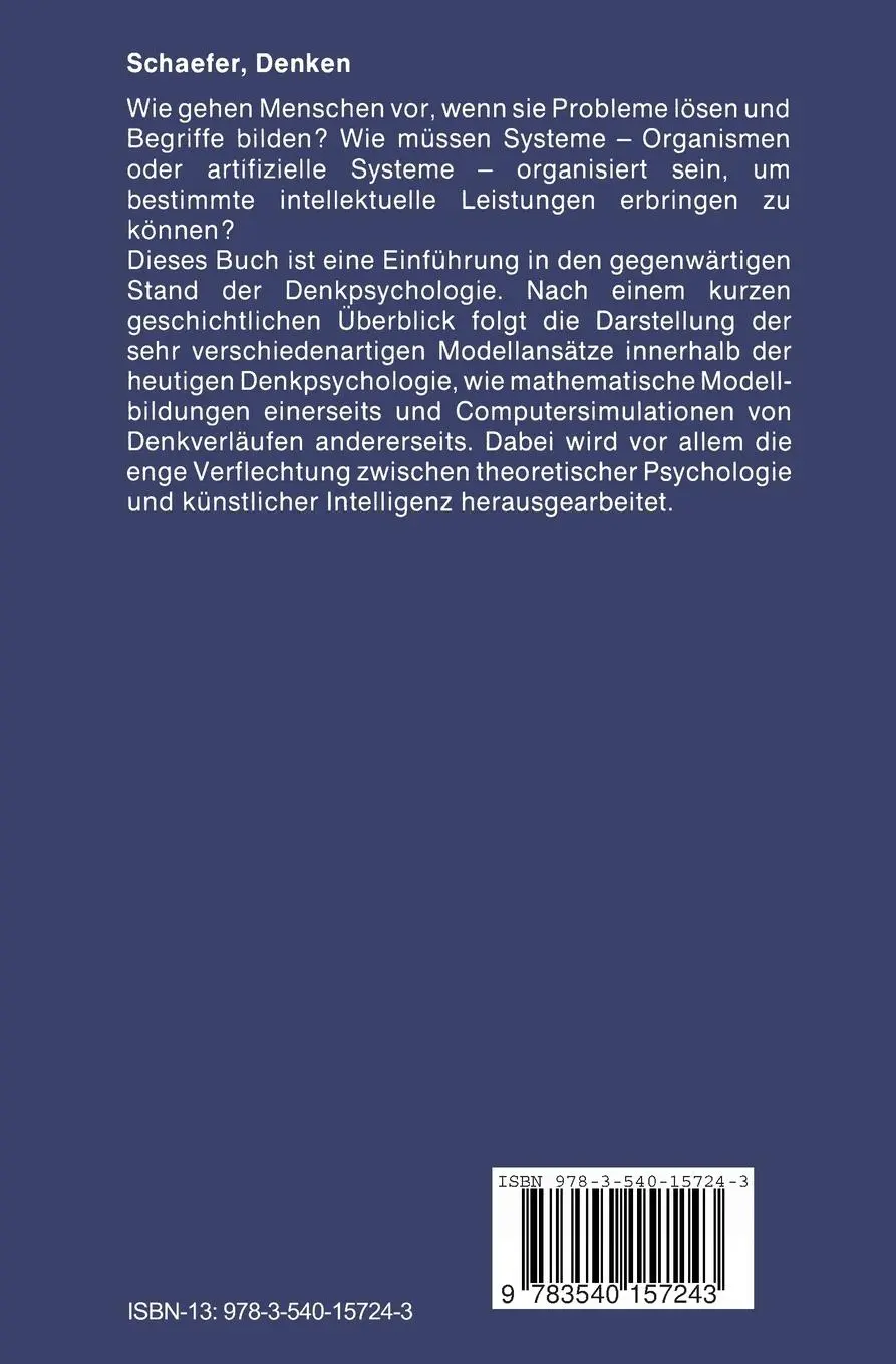 Rückseite: 9783540157243 | Denken | Ralf E. Schäfer | Taschenbuch | xii | Deutsch | 1985