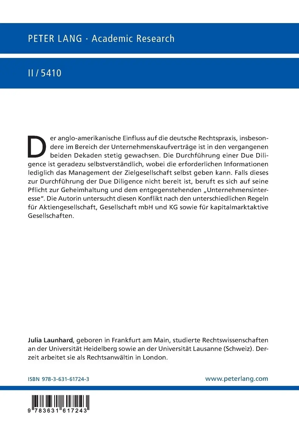 Rückseite: 9783631617243 | Geheimhaltung und Offenlegung bei der Due Diligence anlässlich der...