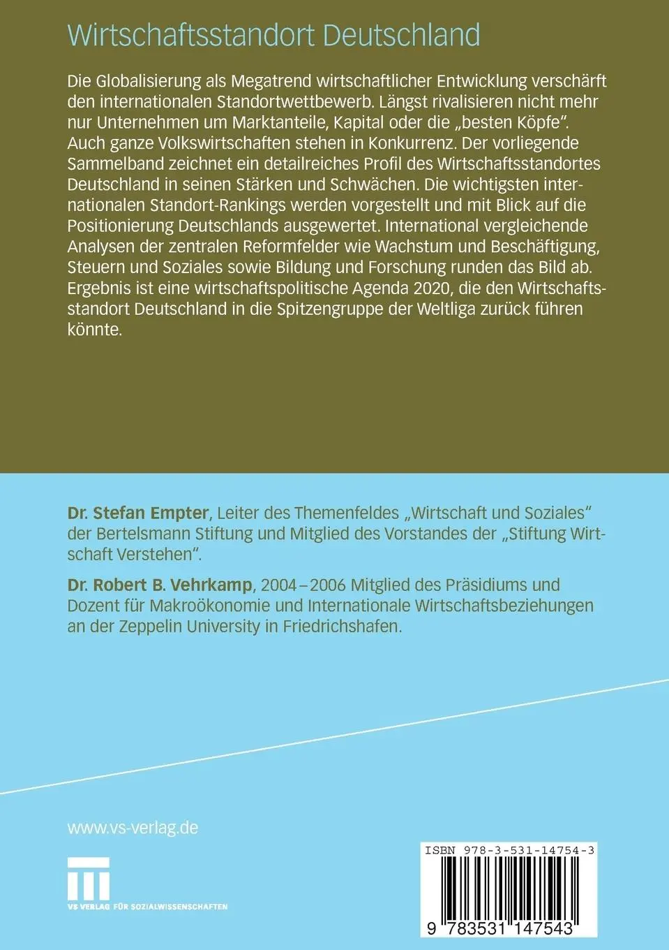 Rückseite: 9783531147543 | Wirtschaftsstandort Deutschland | Robert B. Vehrkamp (u. a.) | Buch