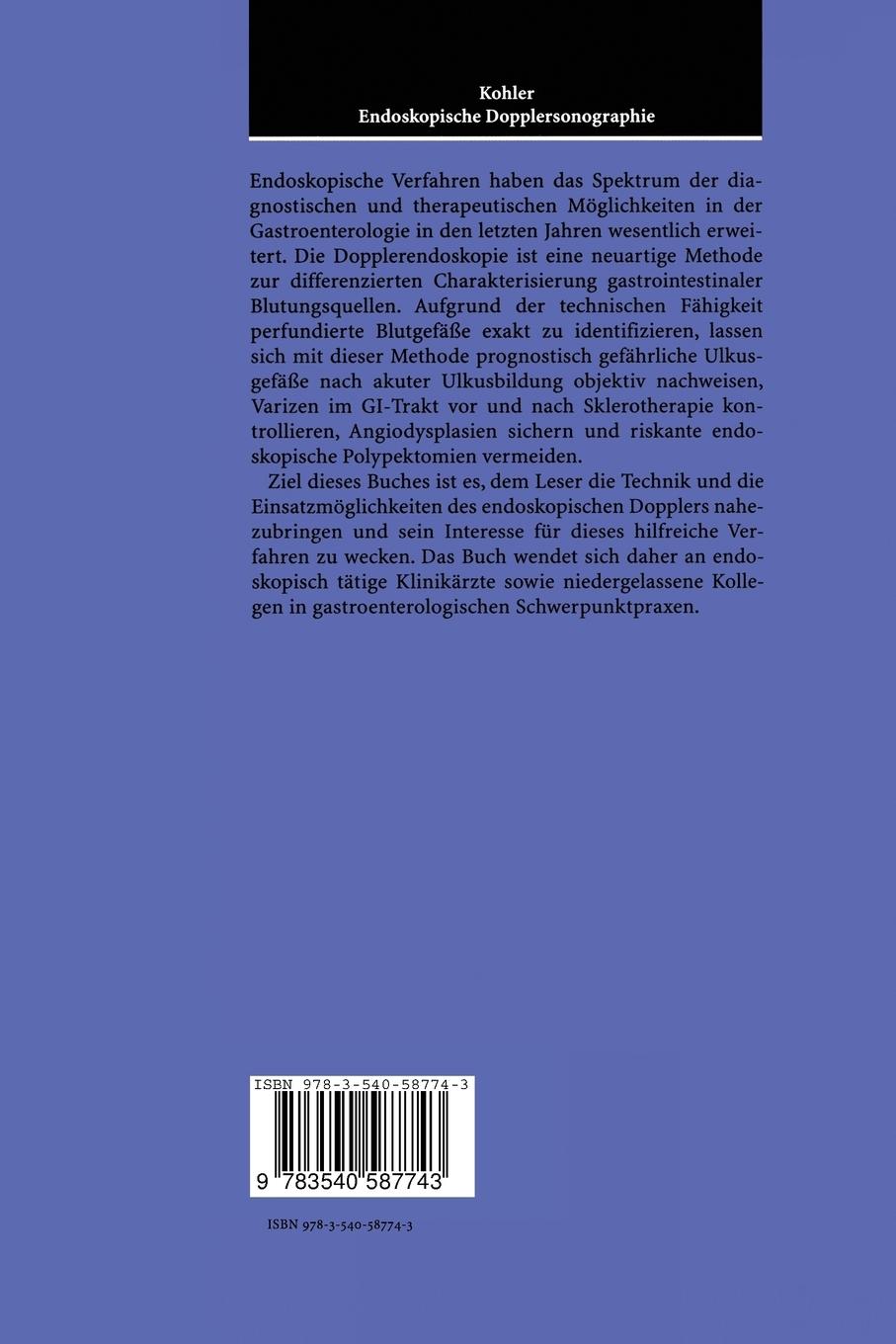 Rückseite: 9783540587743 | Endoskopische Dopplersonographie | Technik · Indikationen · Ergebnisse