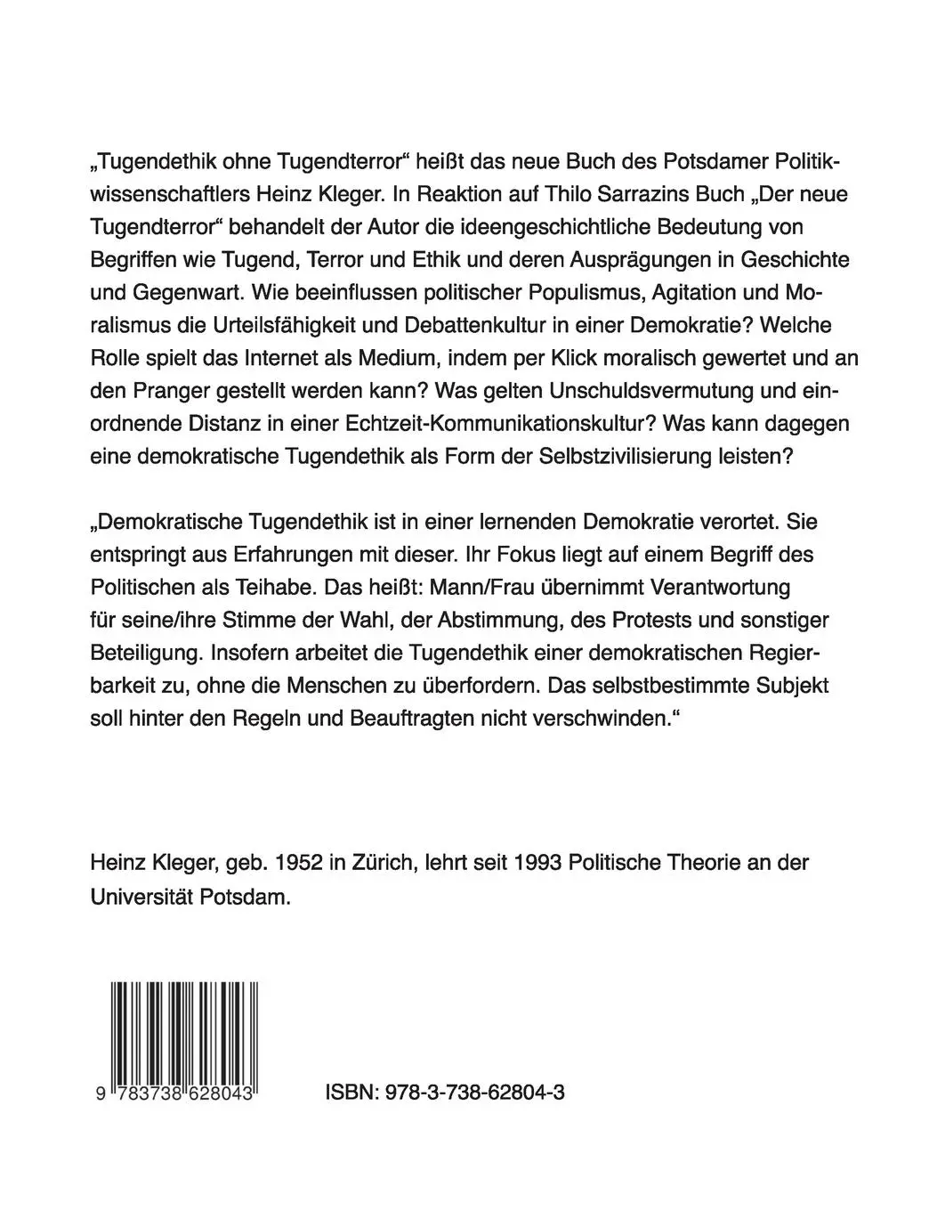Rückseite: 9783738628043 | Tugendethik ohne Tugendterror | Heinz Kleger | Taschenbuch | 96 S.