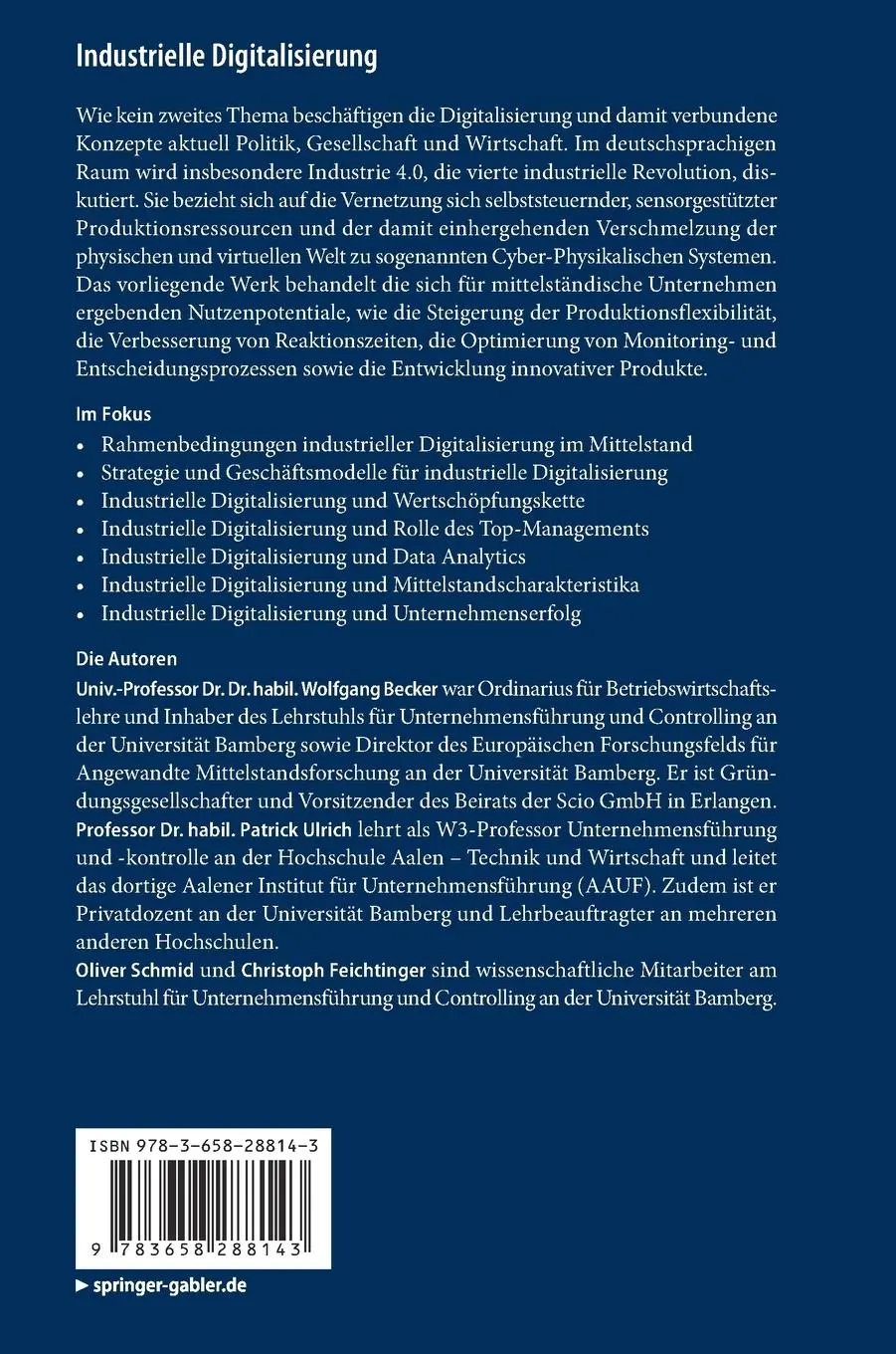 Rückseite: 9783658288143 | Industrielle Digitalisierung | Wolfgang Becker (u. a.) | Buch | xiv