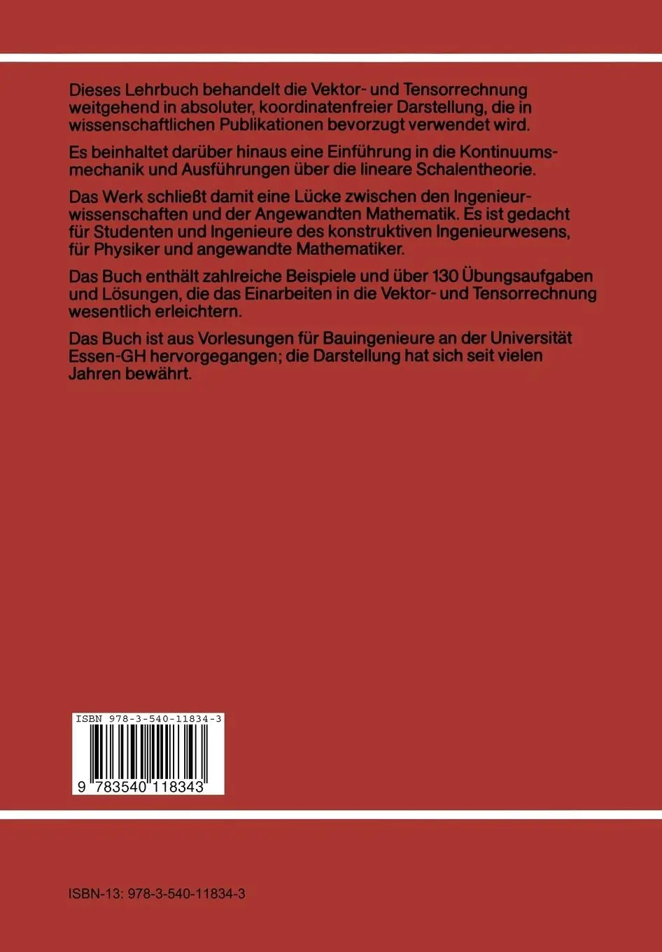Rückseite: 9783540118343 | Vektor- und Tensorrechnung für Ingenieure | R. De Boer | Taschenbuch