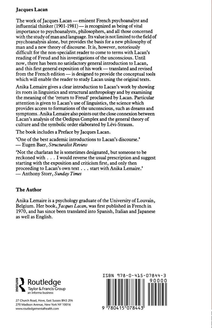 Rückseite: 9780415078443 | Jacques Lacan | Anika Lemaire | Taschenbuch | Englisch | 1979