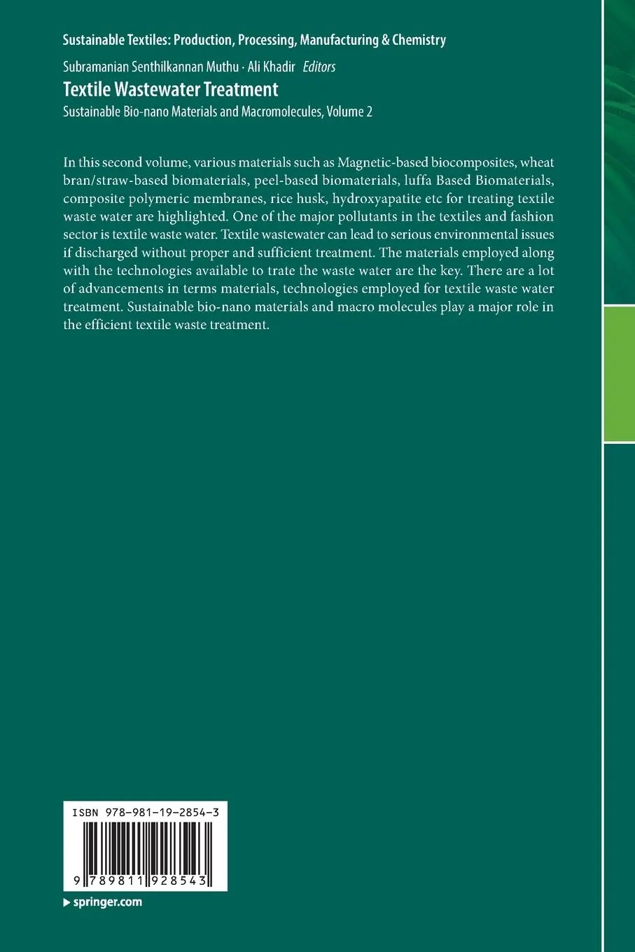 Rückseite: 9789811928543 | Textile Wastewater Treatment | Subramanian Senthilkannan Muthu (u. a.)