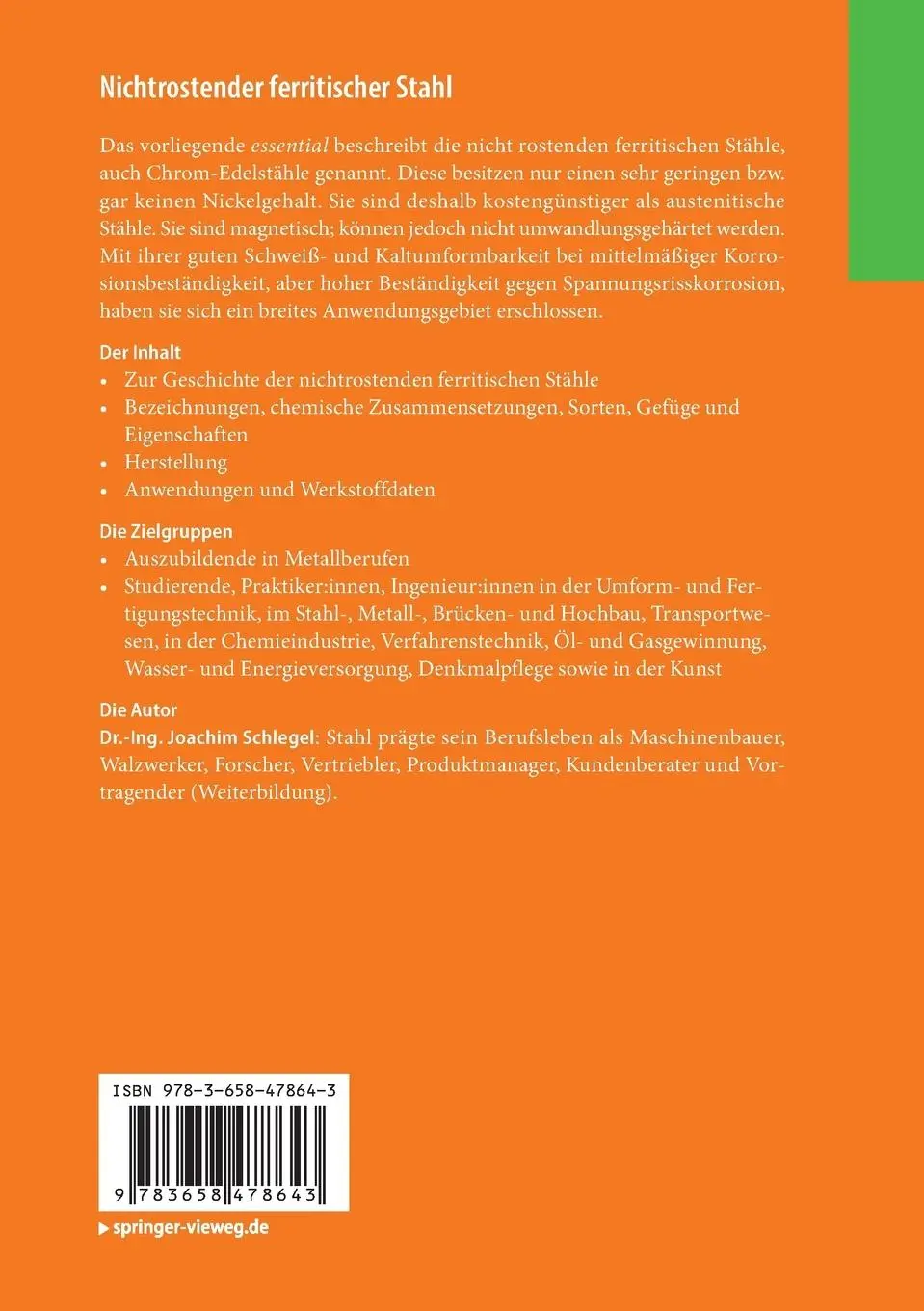 Rückseite: 9783658478643 | Nichtrostender ferritischer Stahl | Ein Stahlporträt | Schlegel | Buch