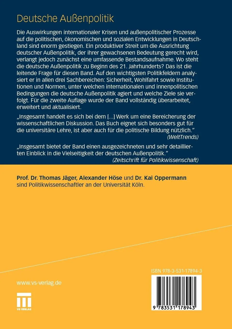 Rückseite: 9783531178943 | Deutsche Außenpolitik | Thomas Jäger (u. a.) | Taschenbuch | 768 S.