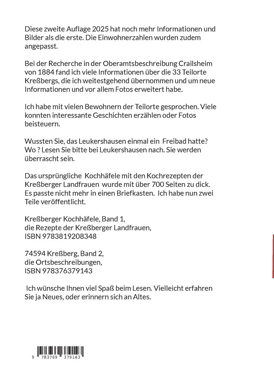 Rückseite: 9783769379143 | 74594 Kreßberg | Lonja Mandlik | Taschenbuch | 272 S. | Deutsch | 2025