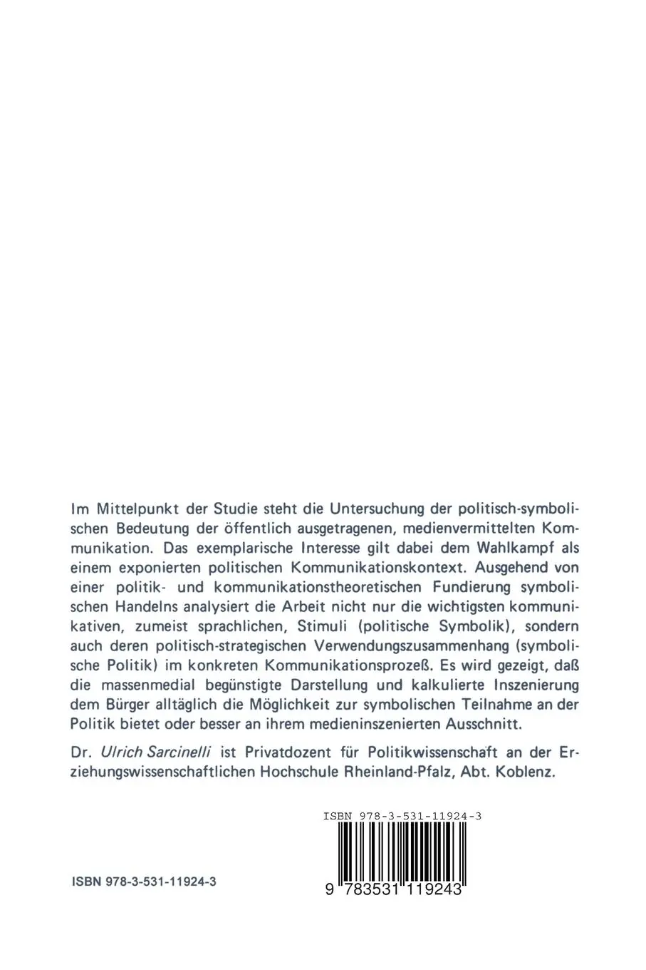Rückseite: 9783531119243 | Symbolische Politik | Ulrich Sarcinelli | Taschenbuch | v | Deutsch