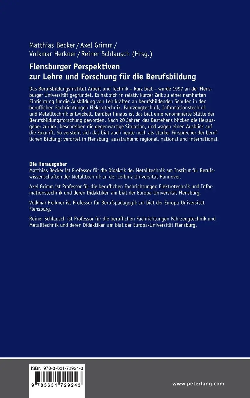 Rückseite: 9783631729243 | Flensburger Perspektiven zur Lehre und Forschung für die Berufsbildung