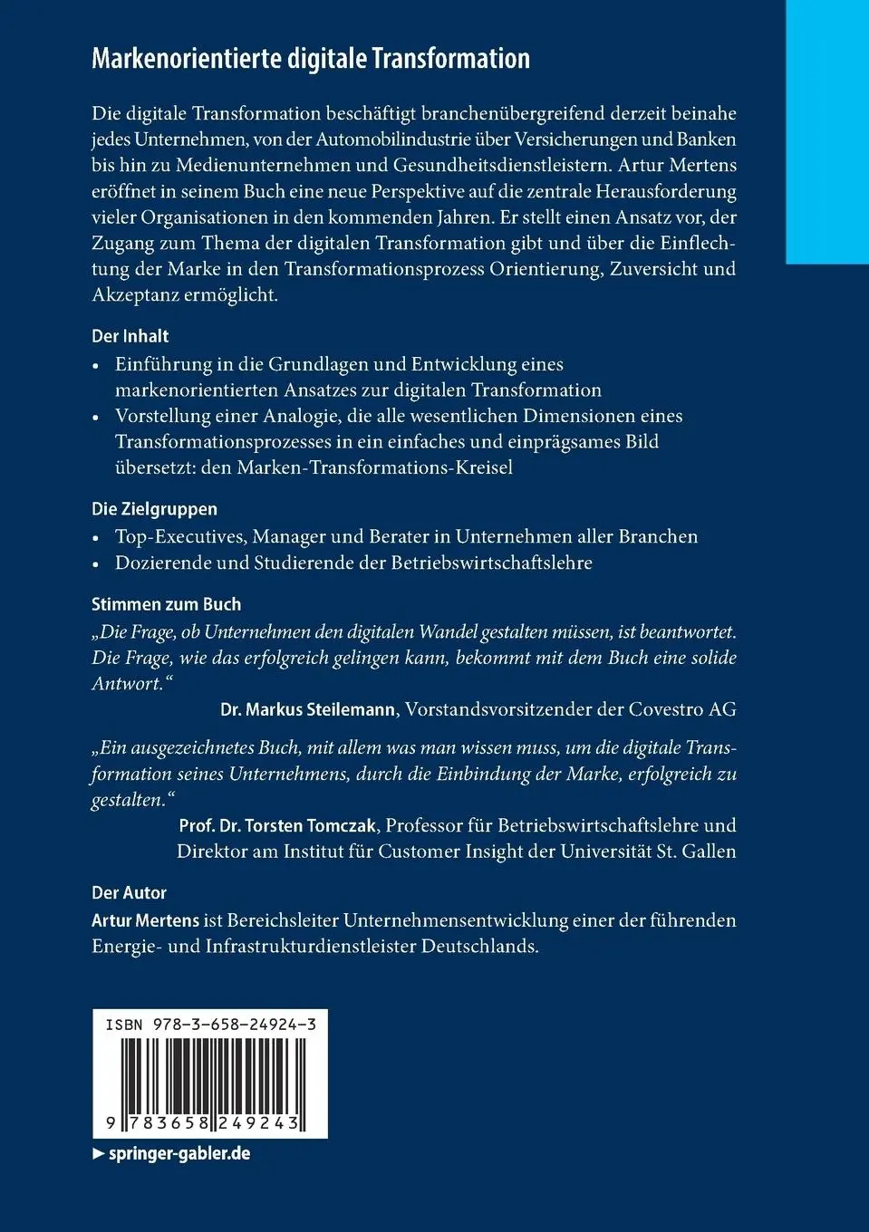 Rückseite: 9783658249243 | Markenorientierte digitale Transformation | Artur Mertens | Buch