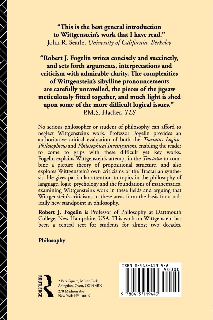 Rückseite: 9780415119443 | Wittgenstein | Robert J. Fogelin | Taschenbuch | Englisch | 1987
