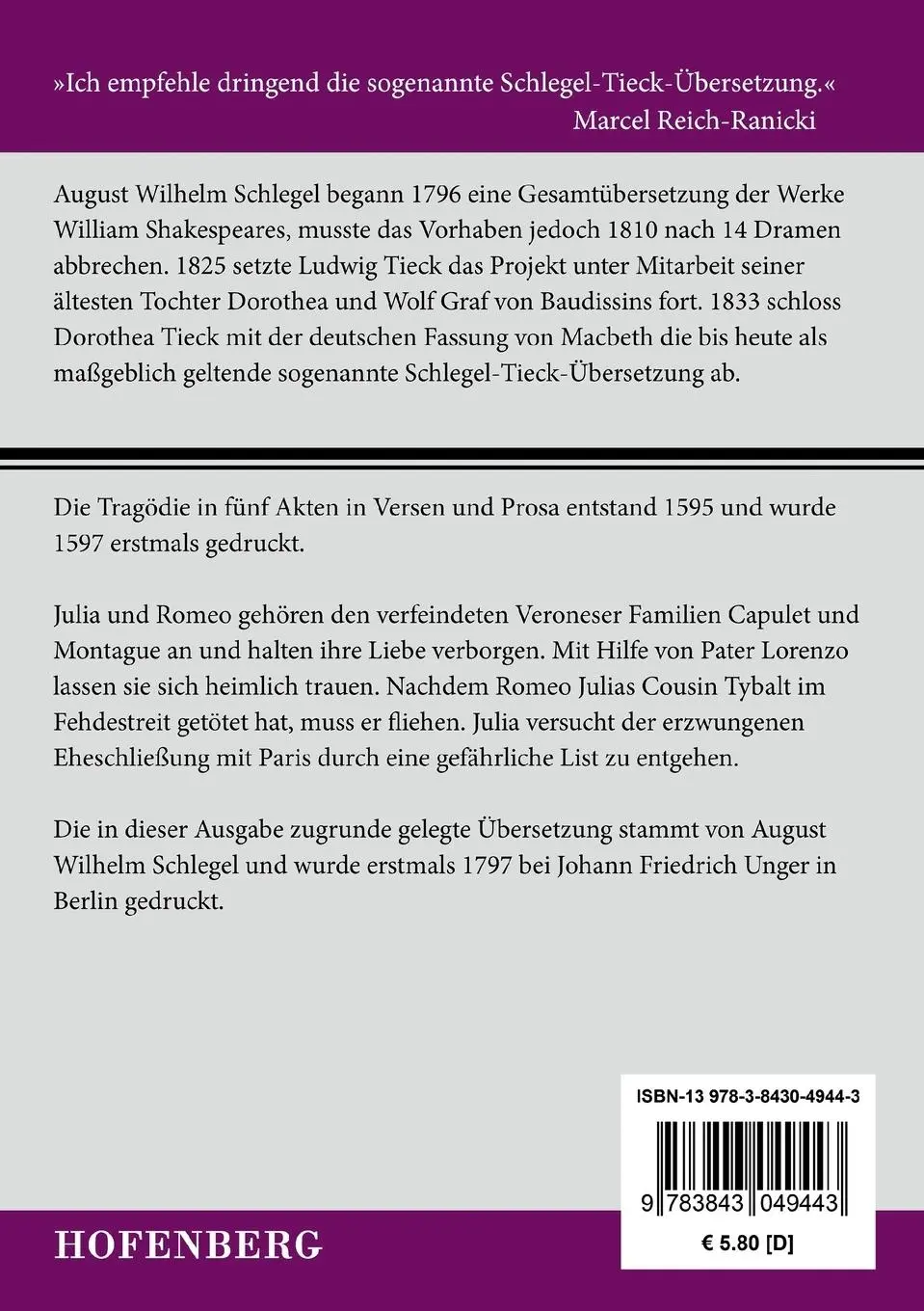 Rückseite: 9783843049443 | Romeo und Julia | William Shakespeare | Taschenbuch | Paperback | 2015