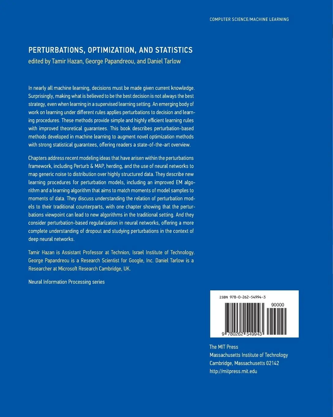 Rückseite: 9780262549943 | Perturbations, Optimization, and Statistics | Tamir Hazan (u. a.)