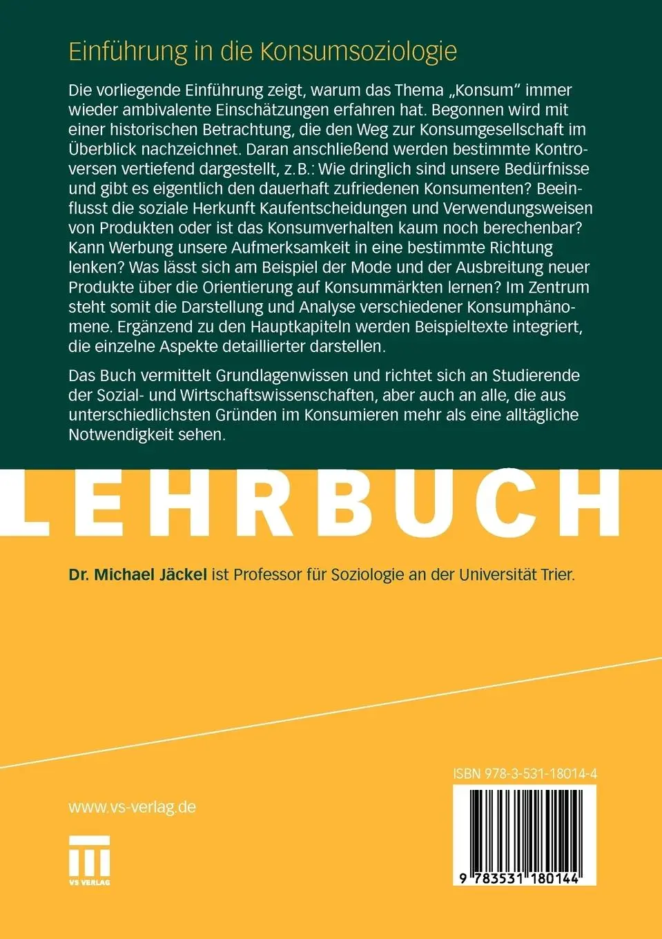 Rückseite: 9783531180144 | Einführung in die Konsumsoziologie | Michael Jäckel | Taschenbuch