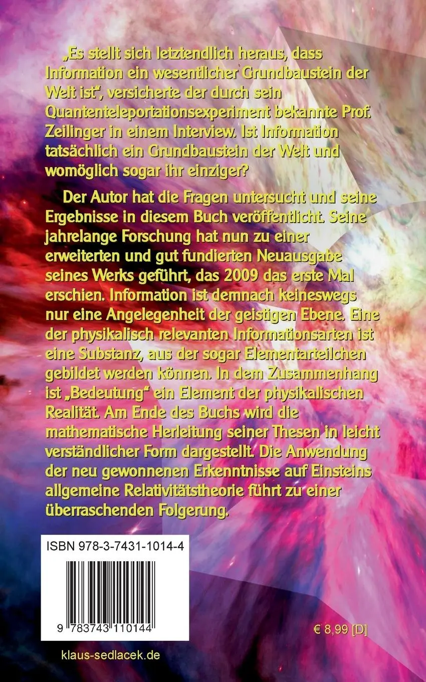 Rückseite: 9783743110144 | Äquivalenz von Information und Energie | Klaus-Dieter Sedlacek | Buch