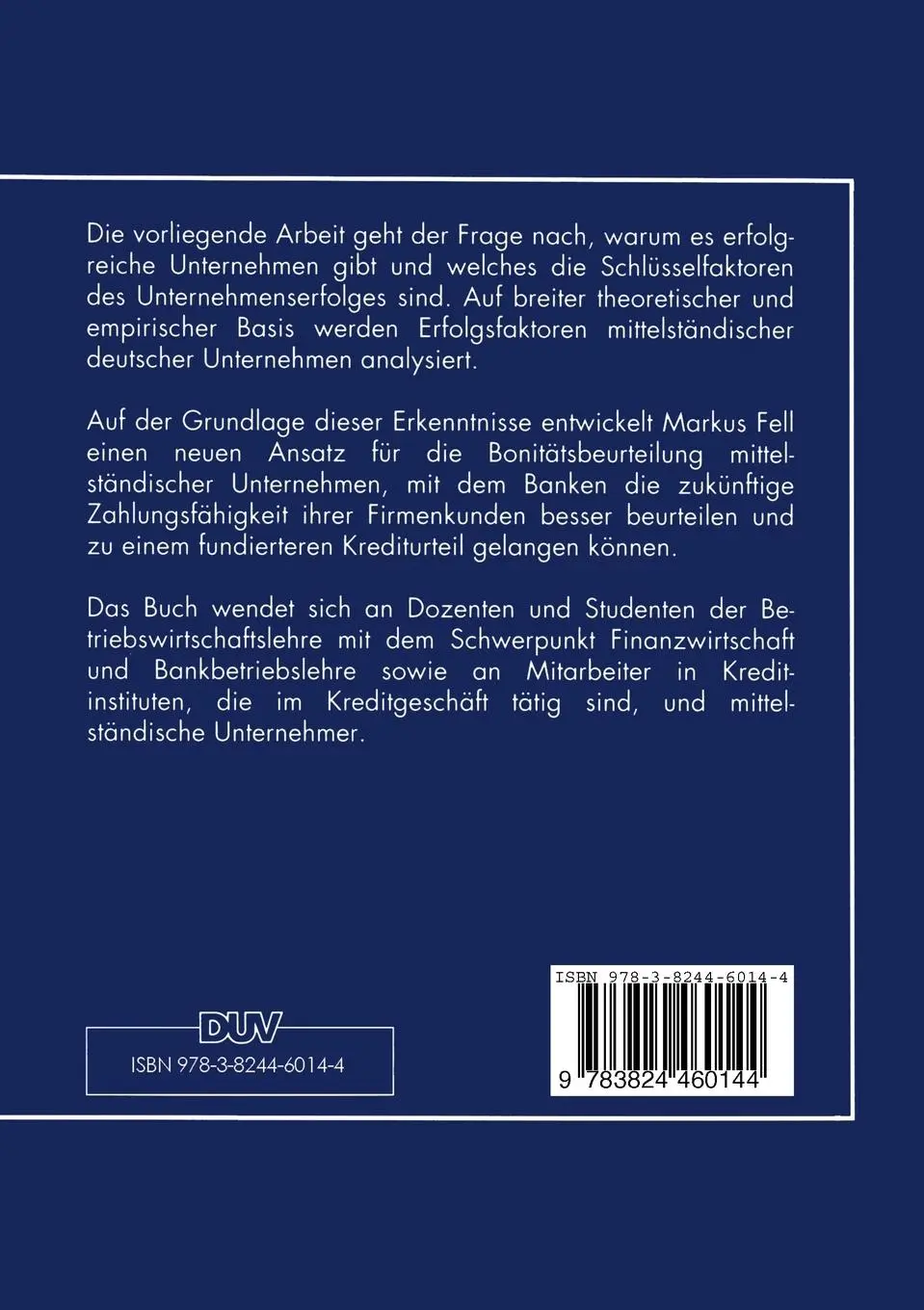Rückseite: 9783824460144 | Kreditwürdigkeitsprüfung mittelständischer Unternehmen | Markus Fell
