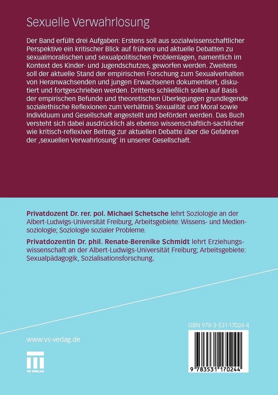 Rückseite: 9783531170244 | Sexuelle Verwahrlosung | Renate-Berenike Schmidt (u. a.) | Taschenbuch