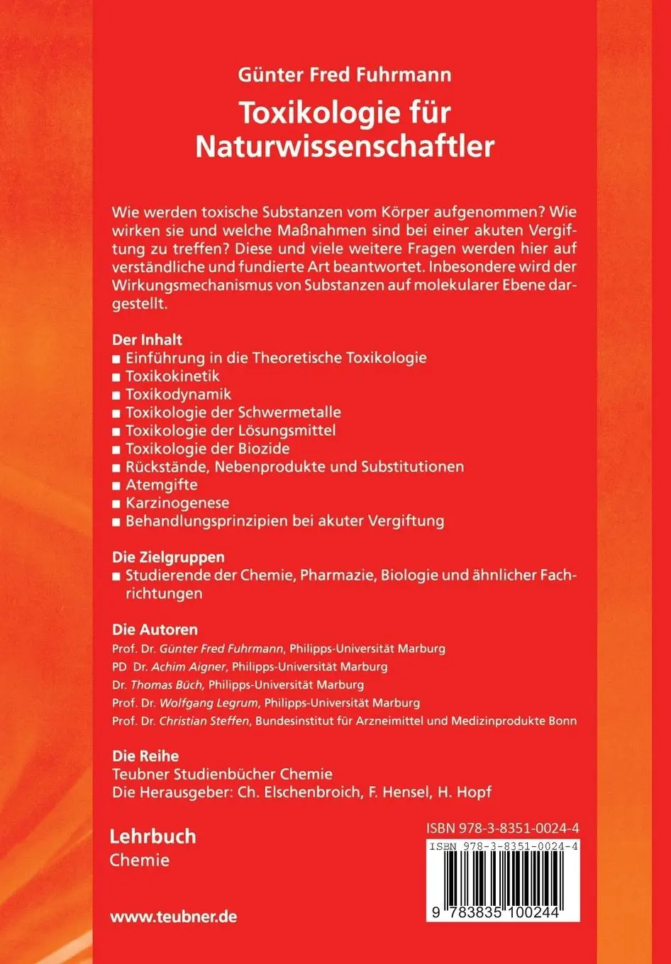 Rückseite: 9783835100244 | Toxikologie für Naturwissenschaftler | Günter Fred Fuhrmann | Buch