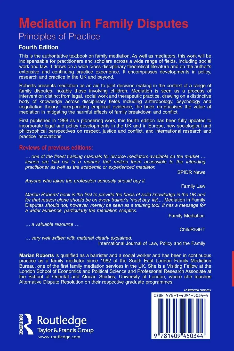 Rückseite: 9781409450344 | Mediation in Family Disputes | Principles of Practice | Marian Roberts
