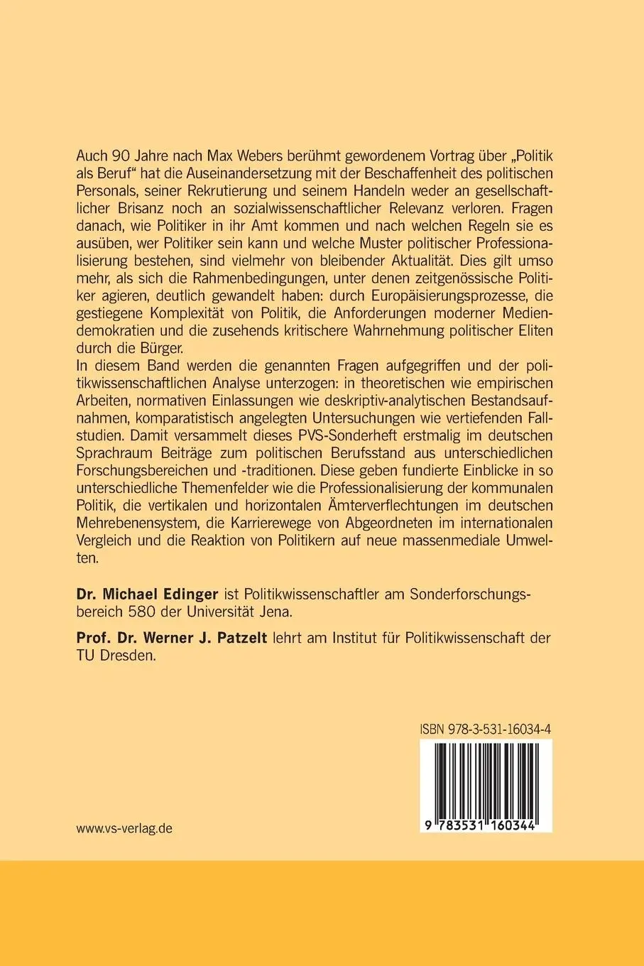 Rückseite: 9783531160344 | Politik als Beruf | Neue Perspektiven auf ein klassisches Thema | Buch