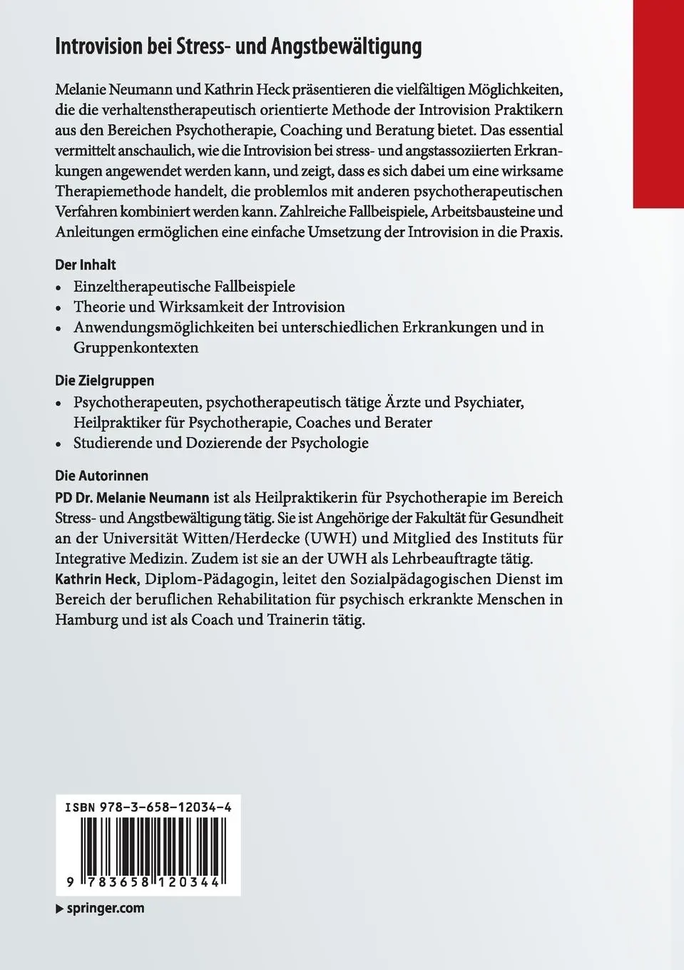 Rückseite: 9783658120344 | Introvision bei Stress- und Angstbewältigung | Kathrin Heck (u. a.)