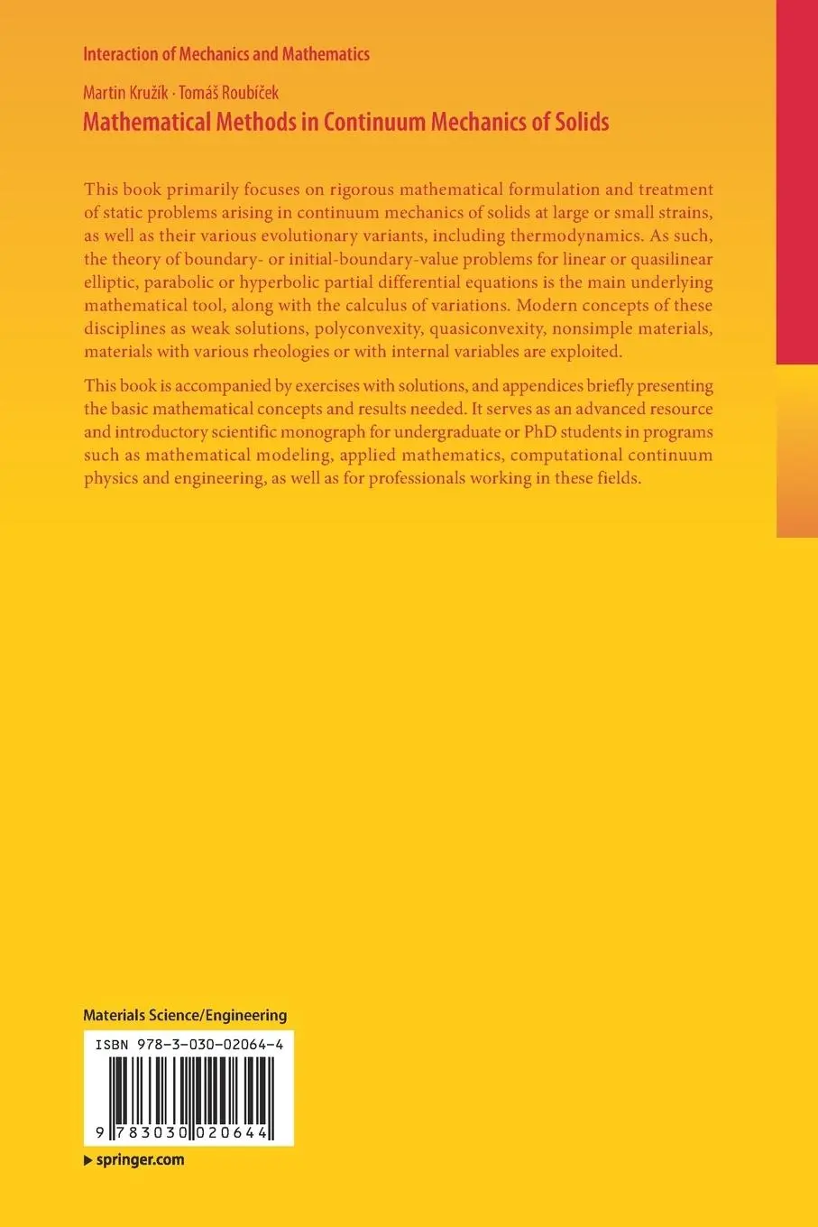 Rückseite: 9783030020644 | Mathematical Methods in Continuum Mechanics of Solids | Kru¿ík (u. a.)