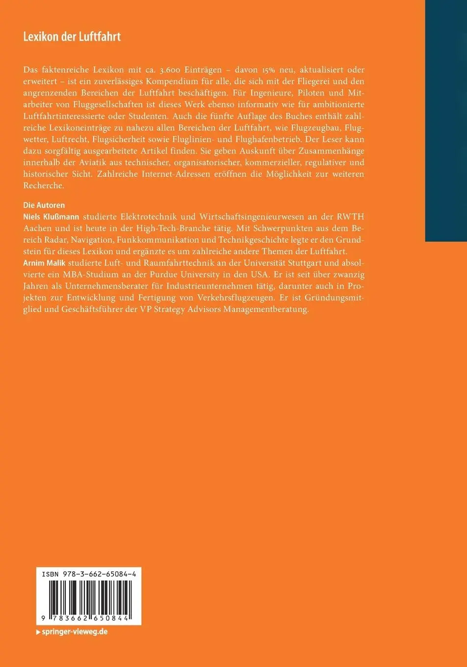 Rückseite: 9783662650844 | Lexikon der Luftfahrt | Arnim Malik (u. a.) | Taschenbuch | viii