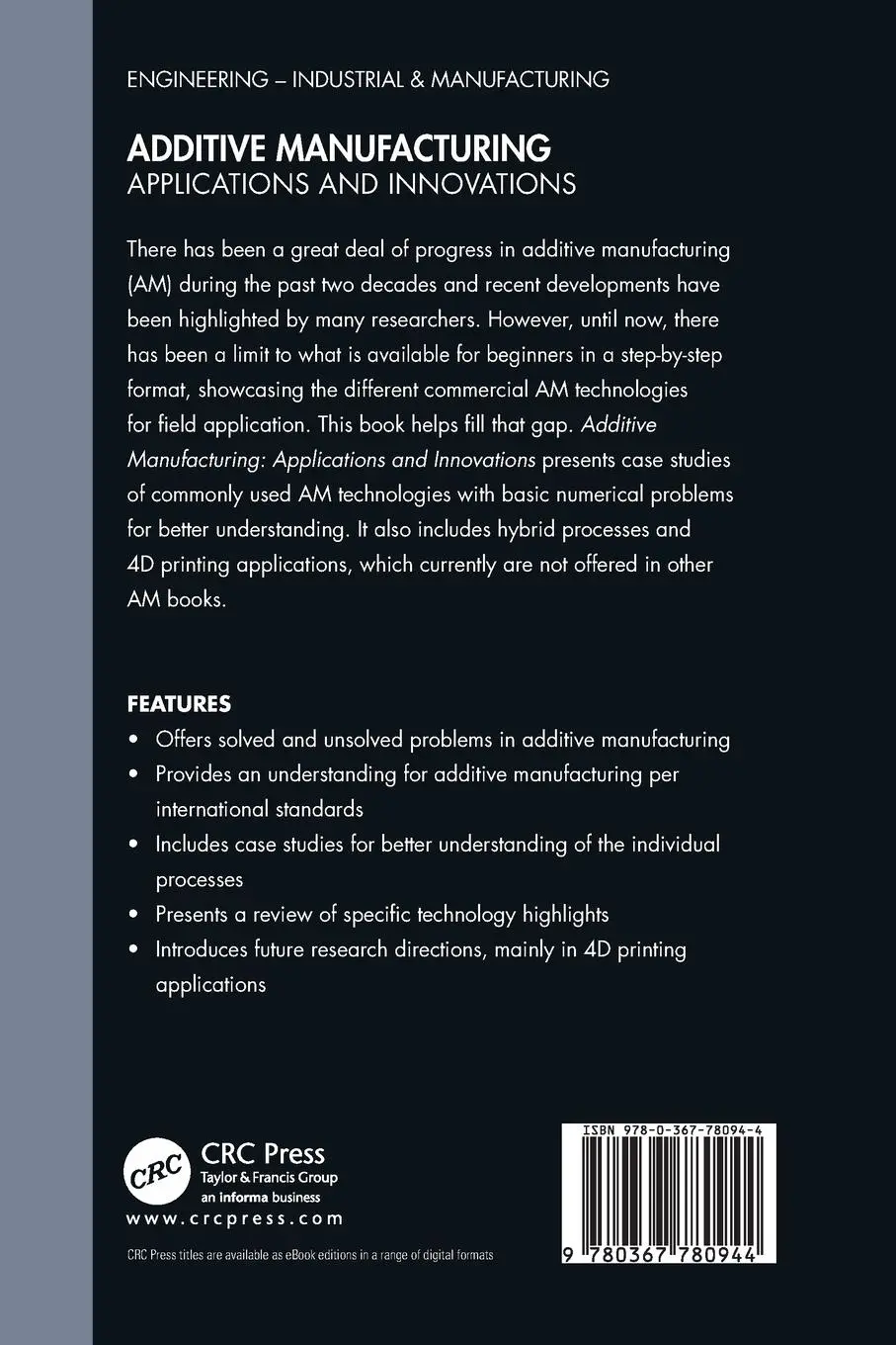 Rückseite: 9780367780944 | Additive Manufacturing | Applications and Innovations | Singh (u. a.)
