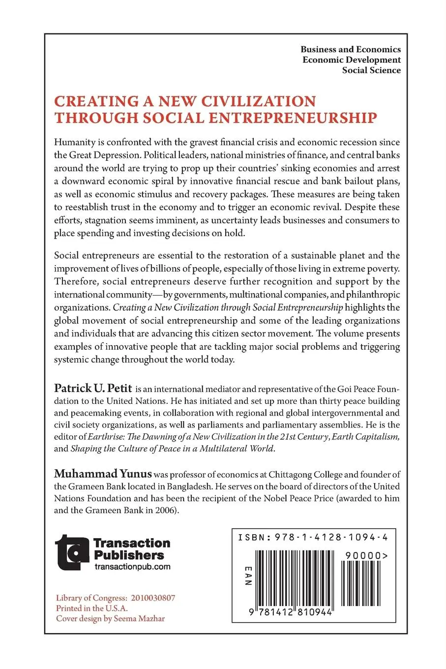 Rückseite: 9781412810944 | Creating a New Civilization Through Social Entrepreneurship | Petit