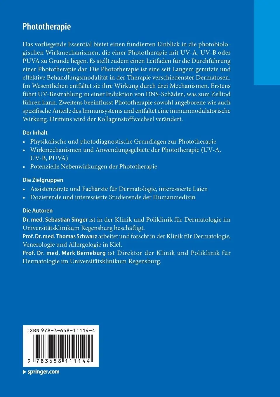 Rückseite: 9783658111144 | Phototherapie | Sebastian Singer (u. a.) | Taschenbuch | xii | Deutsch
