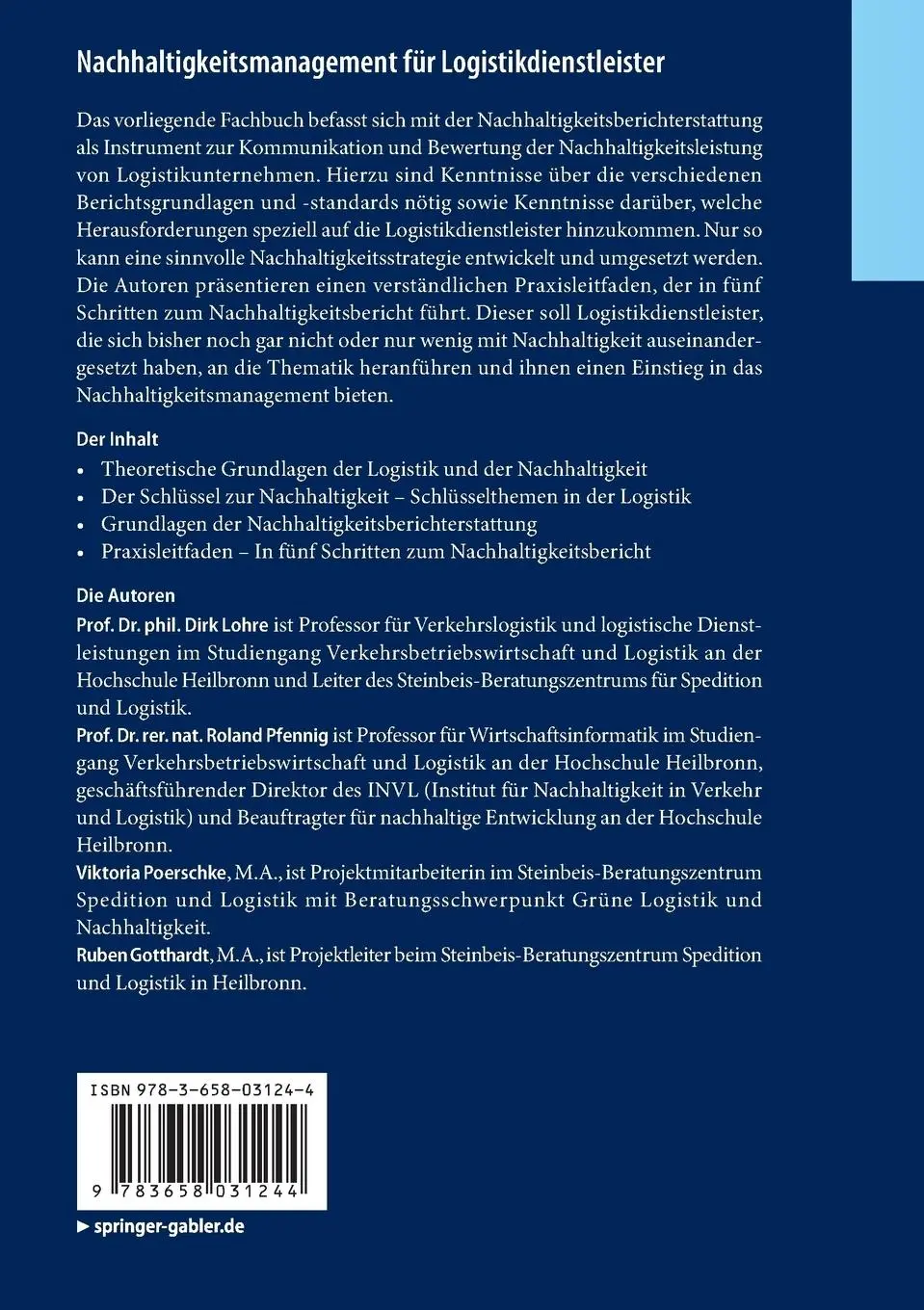 Rückseite: 9783658031244 | Nachhaltigkeitsmanagement für Logistikdienstleister | Lohre (u. a.)
