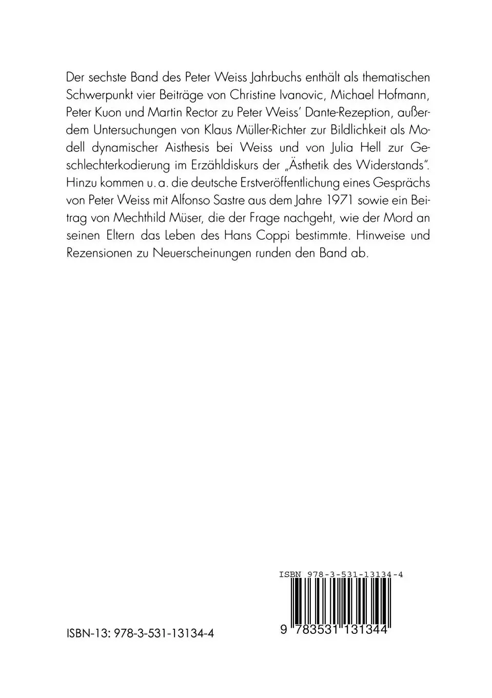 Rückseite: 9783531131344 | Peter Weiss Jahrbuch 6 | Jochen Vogt (u. a.) | Taschenbuch | 176 S.