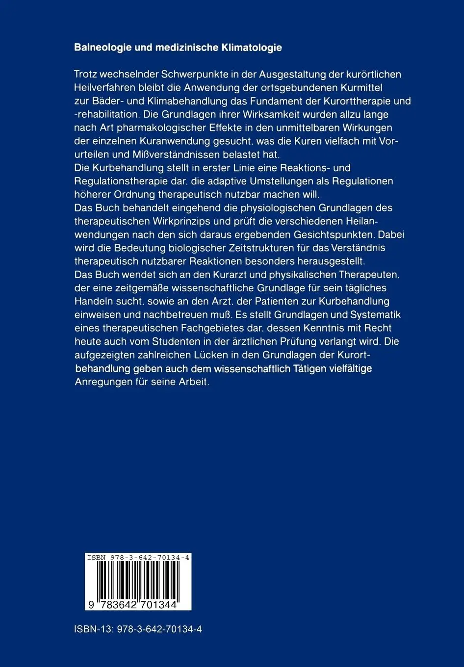 Rückseite: 9783642701344 | Balneologie und medizinische Klimatologie | H. Jungmann (u. a.) | Buch