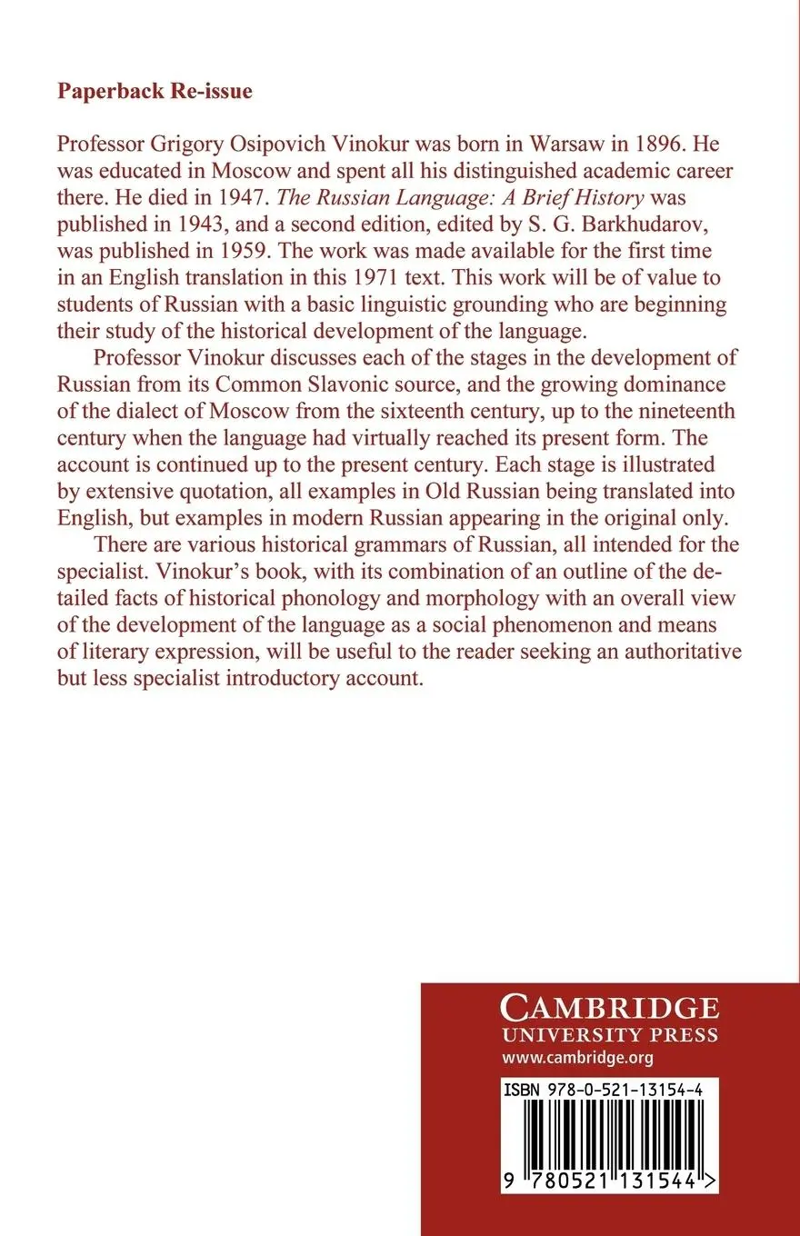 Rückseite: 9780521131544 | The Russian Language | A Brief History | G. O. Vinokur (u. a.) | Buch