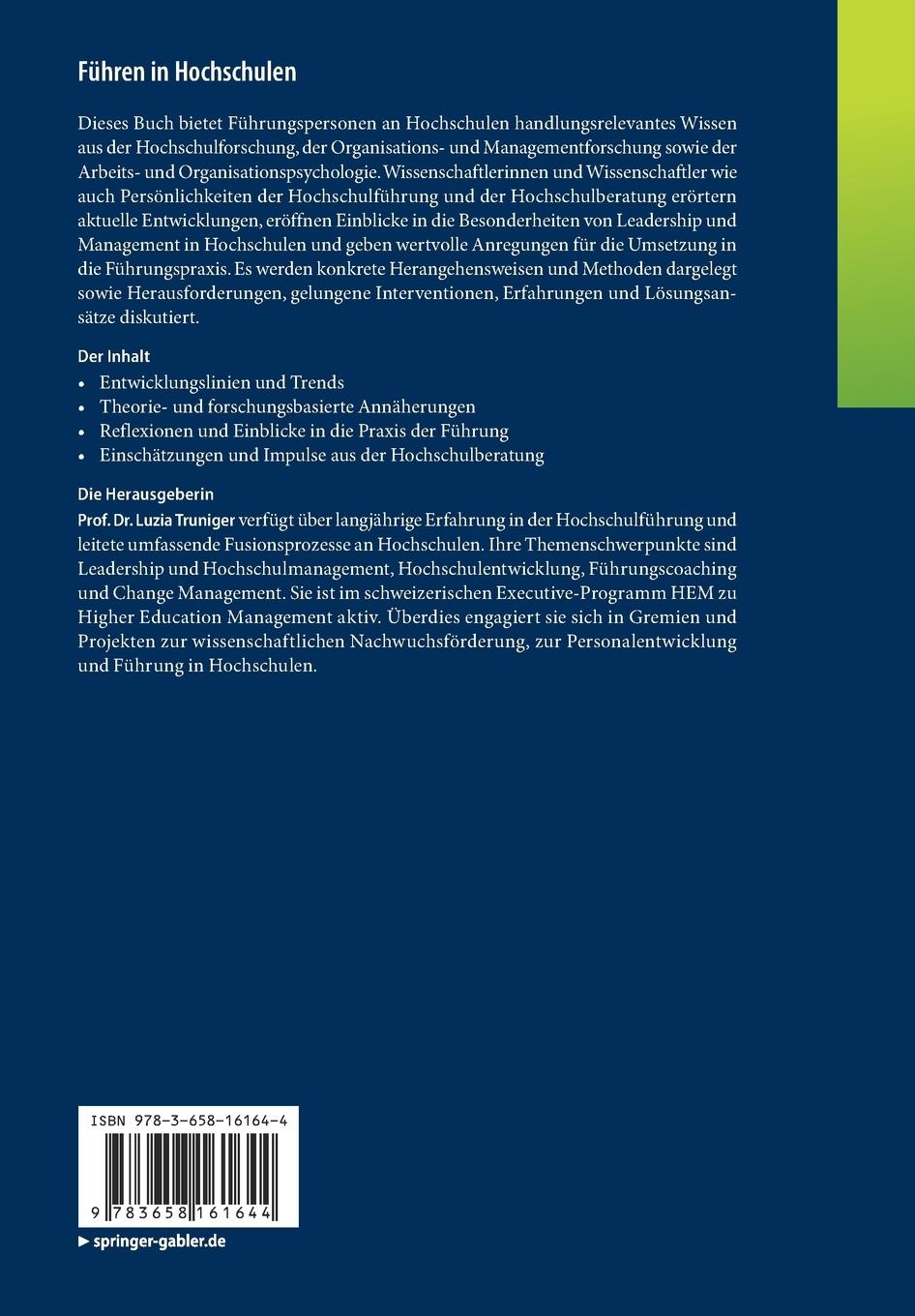 Rückseite: 9783658161644 | Führen in Hochschulen | Luzia Truniger | Taschenbuch | xxix | Deutsch