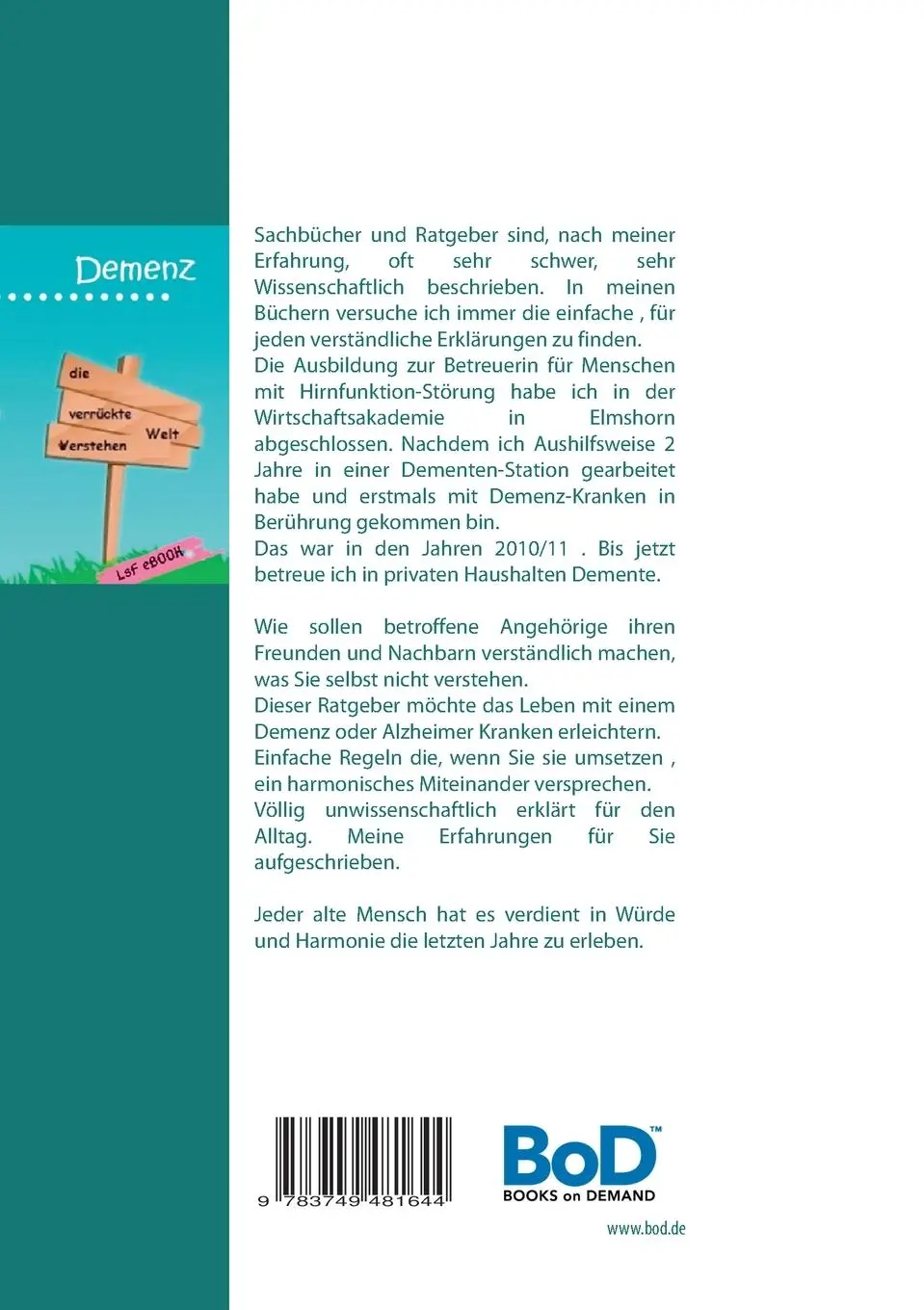 Rückseite: 9783749481644 | Demenz | Erfahrungen einer Betreuerin | Hildegard Brüssow | Buch