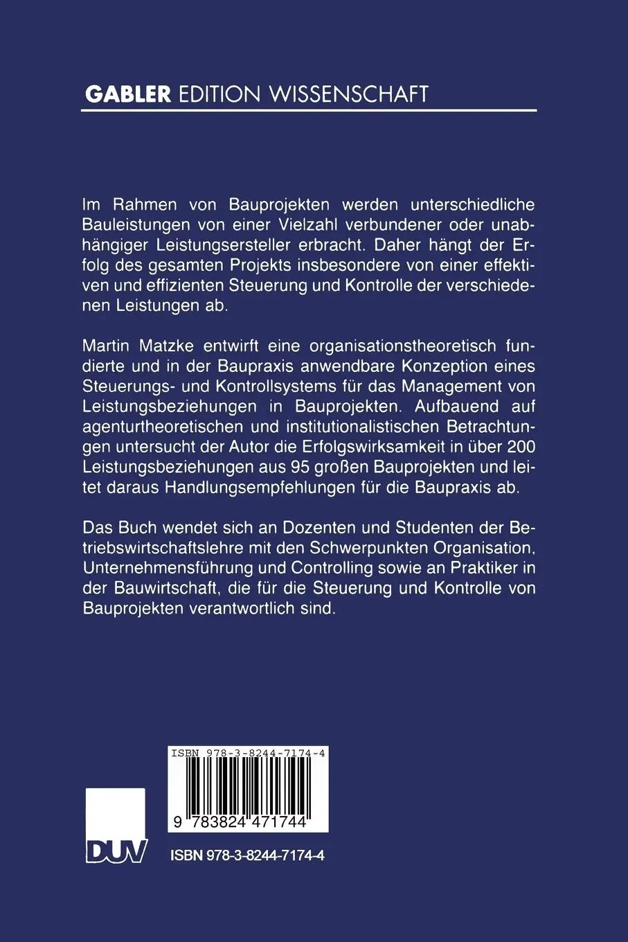 Rückseite: 9783824471744 | Steuerung und Kontrolle von Leistungsbeziehungen | Martin Matzke | xx