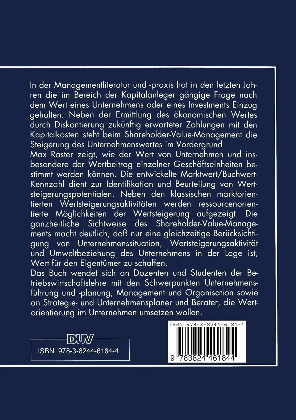 Rückseite: 9783824461844 | Shareholder-Value-Management | Max Raster | Taschenbuch | xviii | 1995