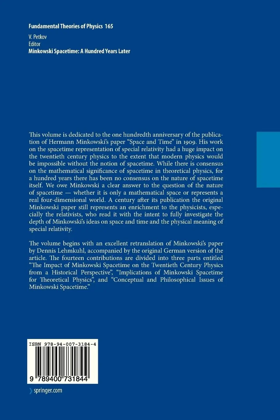Rückseite: 9789400731844 | Minkowski Spacetime: A Hundred Years Later | Vesselin Petkov | Buch