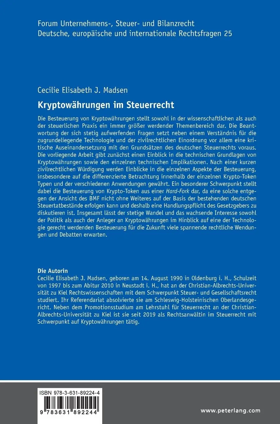 Rückseite: 9783631892244 | Kryptowährungen im Steuerrecht | Cecilie Elisabeth J. Madsen | Buch