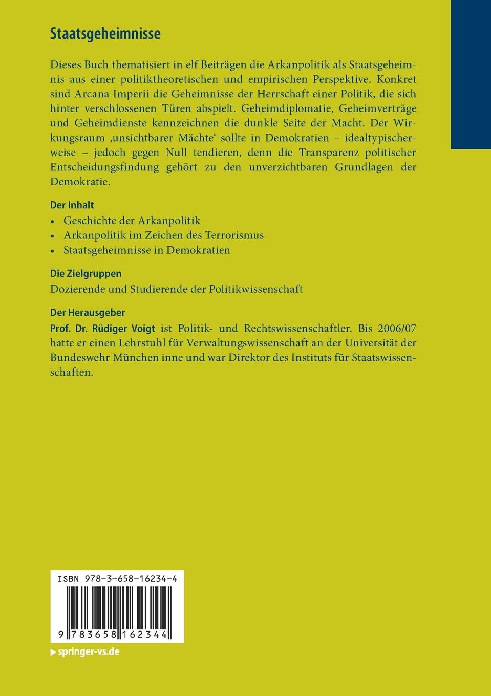 Rückseite: 9783658162344 | Staatsgeheimnisse | Arkanpolitik im Wandel der Zeiten | Rüdiger Voigt