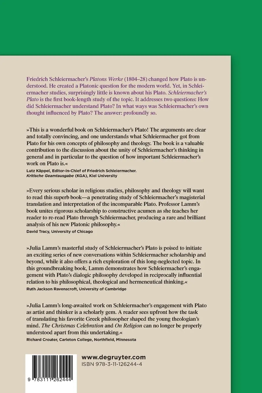 Rückseite: 9783111262444 | Schleiermacher's Plato | Julia A. Lamm | Taschenbuch | XXI | Englisch